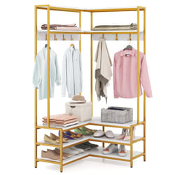 Corner Garment Rack L-shaped Clothes Rack w/ Open Shelves-White