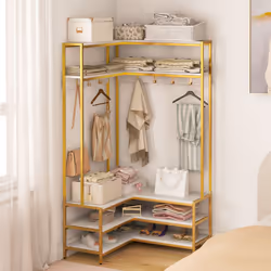 Corner Garment Rack L-shaped Clothes Rack w/ Open Shelves-White