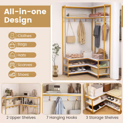 Corner Garment Rack L-shaped Clothes Rack w/ Open Shelves-White