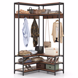 Corner Garment Rack L-shaped Clothes Rack w/ Open Shelves-Walnut