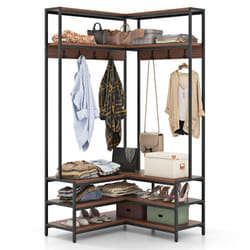 Corner Garment Rack L-shaped Clothes Rack w/ Open Shelves-Walnut