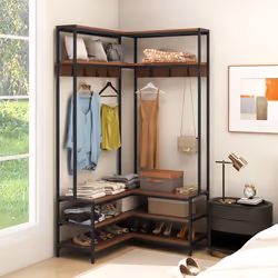 Corner Garment Rack L-shaped Clothes Rack w/ Open Shelves-Walnut