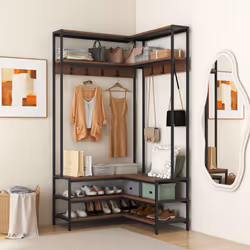 Corner Garment Rack L-shaped Clothes Rack w/ Open Shelves-Walnut