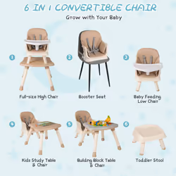 6-in-1 Baby High Chair Convertible Infant Feeding Chair-khaki