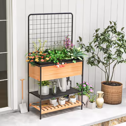 Raised Garden Bed Elevated Wood Planter Box with 2-tier Storage Shelves