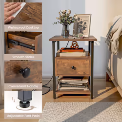 3-Tier Nightstand Bedside Sofa Side TablesÂ  w/ Charging Station