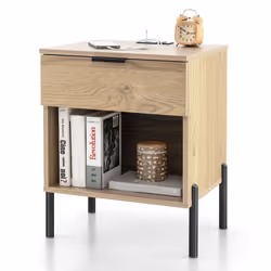 Mid Century Modern Nightstand Bed Side Table w/Charging Station-Natural