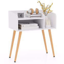 Mid Century Modern Nightstand 2-Tier Bedside Table w/Shelves-White
