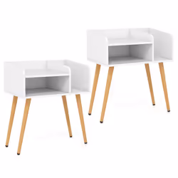 Mid Century Modern Nightstand (Set of 2) with Open Shelves-White
