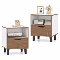 2Pcs Nightstand Mid Century Modern Bedside Table w/Drawer & Shelf-White