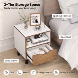 2Pcs Nightstand Mid Century Modern Bedside Table w/Drawer & Shelf-White