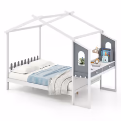 Double House Bed Wood Montessori Bed Frame Playhouse Bed w/Desk