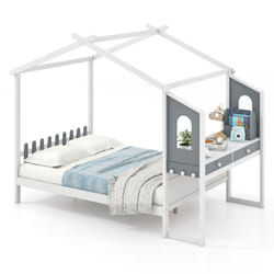 Double House Bed Wood Montessori Bed Frame Playhouse Bed w/Desk