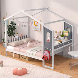 Double House Bed Wood Montessori Bed Frame Playhouse Bed w/Desk