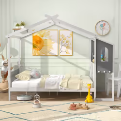 Double House Bed Wood Montessori Bed Frame Playhouse Bed w/Desk