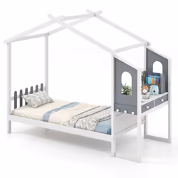 Single House Bed Wood Montessori Bed Frame Playhouse Bed w/Desk