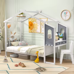 Single House Bed Wood Montessori Bed Frame Playhouse Bed w/Desk