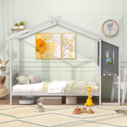 Single House Bed Wood Montessori Bed Frame Playhouse Bed w/Desk
