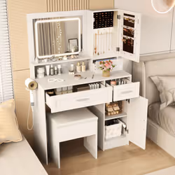 Makeup Vanity Desk Farmhouse Dressing Table & Stool Set w/ Drawers
