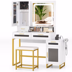Modern Vanity Set Dressing Table and Chair Set w/ Adjustable Brightness