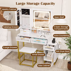 Modern Vanity Set Dressing Table and Chair Set w/ Adjustable Brightness