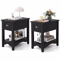 2 PCS Side End Table Retro Side Table Rectangular Nightstand-Black