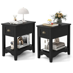 2 PCS Side End Table Retro Side Table Rectangular Nightstand-Black