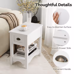 Side End Table Retro Side Table Rectangular Nightstand-White