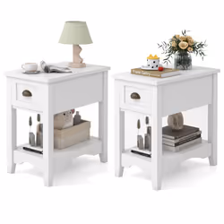 2 PCS Side End Table Retro Side Table Rectangular Nightstand-White