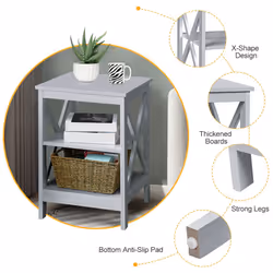 3-Tier Nightstand Side Table X-Design End Table Bed Side Table-Grey
