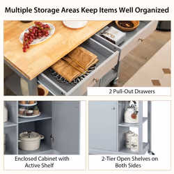 Mobile Kitchen Island Cart Rolling Kitchen Island w/4 Open Shelves Grey