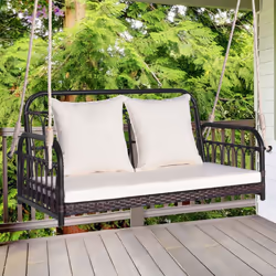 2-Person Patio Wicker Swing Chair Hanging Outdoor Swing Bench w/Cushions