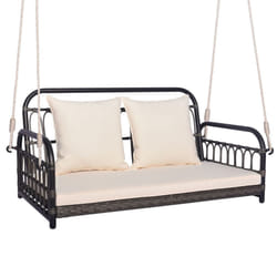 2-Person Patio Wicker Swing Chair Hanging Swing Bench-White
