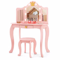 Kids Vanity Set Princess Vanity Table & Chair Set w/Lighted Mirror-Pink