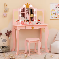Kids Vanity Set Princess Vanity Table & Chair Set w/Lighted Mirror-Pink
