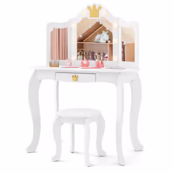 Kids Vanity Set Princess Vanity Table & Chair Set w/Lighted Mirror-White