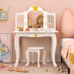 Kids Vanity Set Princess Vanity Table & Chair Set w/Lighted Mirror-White