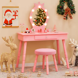 Princess Vanity Table & Chair Set Kids Vanity Set w/Lighted Mirror-Pink