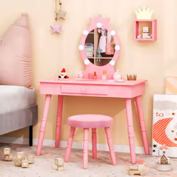Princess Vanity Table & Chair Set Kids Vanity Set w/Lighted Mirror-Pink