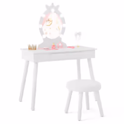 Princess Vanity Table & Chair Set Kids Vanity Set w/Lighted Mirror-White