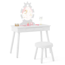 Princess Vanity Table & Chair Set Kids Vanity Set w/Lighted Mirror-White