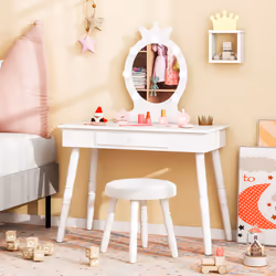 Princess Vanity Table & Chair Set Kids Vanity Set w/Lighted Mirror-White