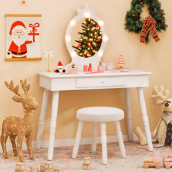 Princess Vanity Table & Chair Set Kids Vanity Set w/Lighted Mirror-White