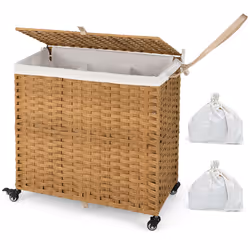 Laundry Hamper 125L 3-Section Laundry Basket w/Lid & Wheels-Natural