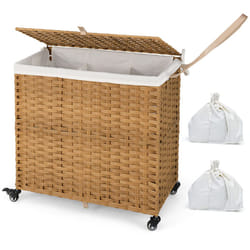 Laundry Hamper 125L 3-Section Laundry Basket w/Lid & Wheels-Natural