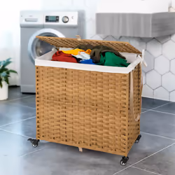 Laundry Hamper 125L 3-Section Laundry Basket w/Lid & Wheels-Natural