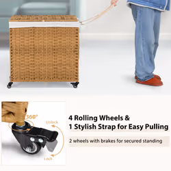 Laundry Hamper 125L 3-Section Laundry Basket w/Lid & Wheels-Natural