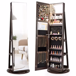 360Rotating Jewelry Armoire Standing Jewelry and Makeup Cabinet-Coffee
