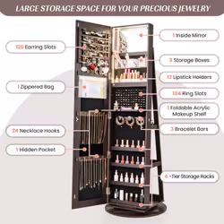 360Rotating Jewelry Armoire Standing Jewelry and Makeup Cabinet-Coffee