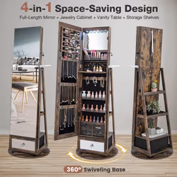 4 IN 1 Swivel Jewelry Cabinet Lockable Jewelry Armoire w/ Full-Length Mirror